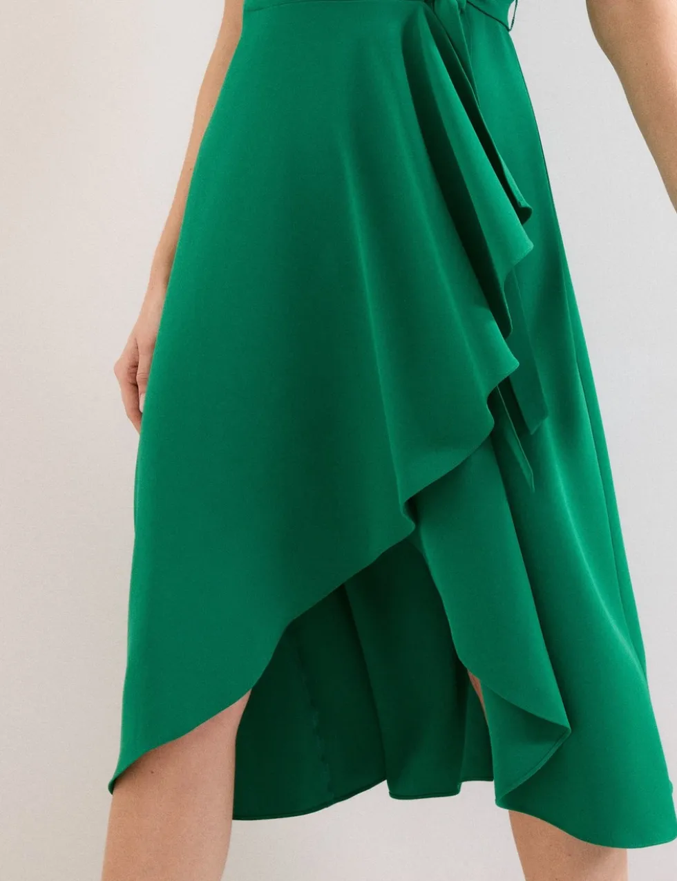 V-Neck Belted Midi Wrap Dress