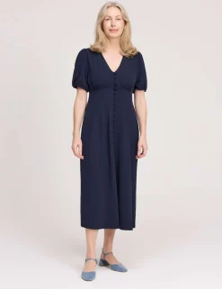 V-Neck Button Through Midi Tea Dress