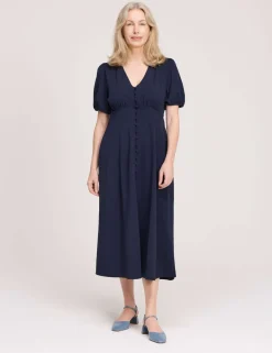 V-Neck Button Through Midi Tea Dress