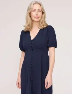 V-Neck Button Through Midi Tea Dress