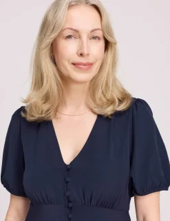 V-Neck Button Through Midi Tea Dress