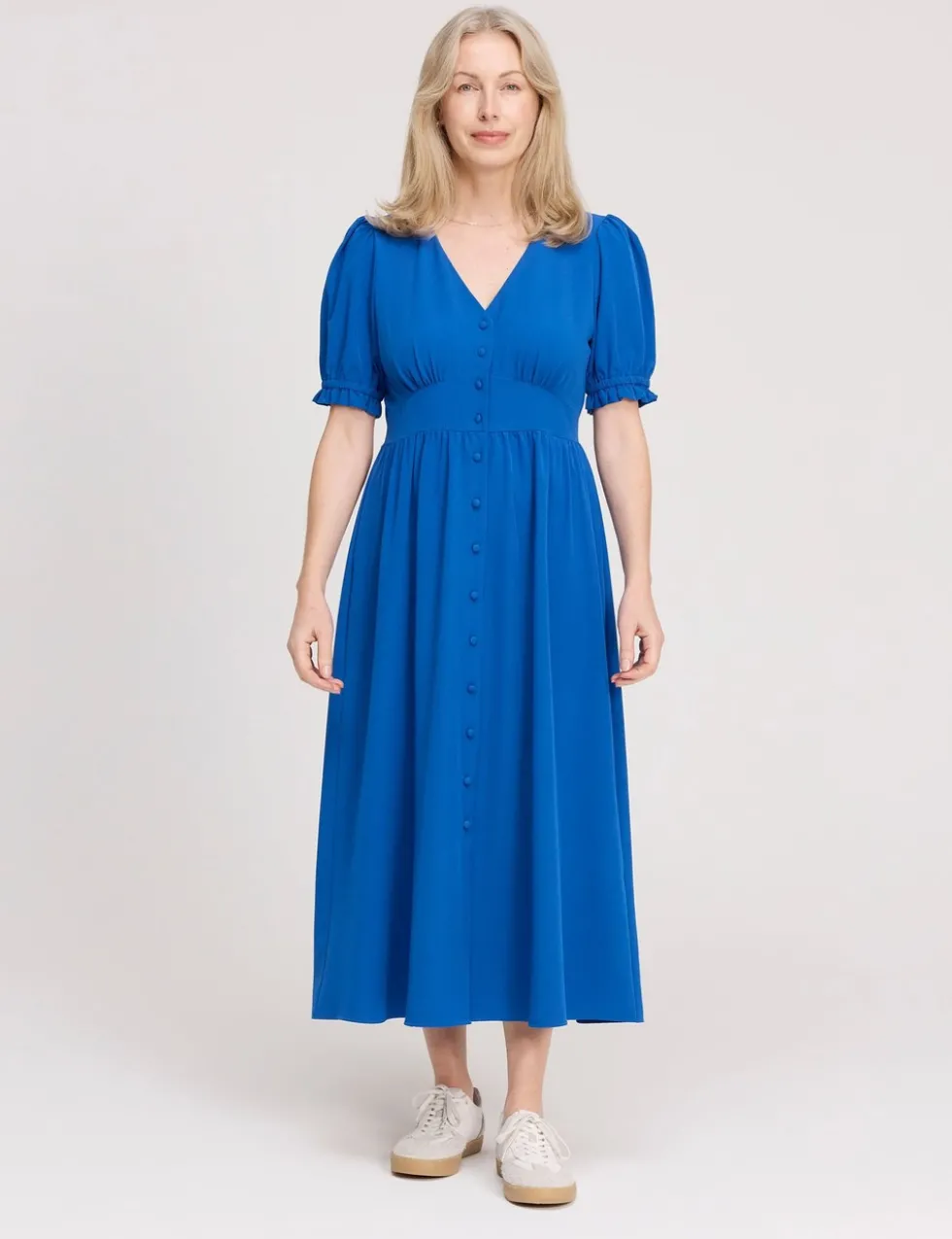 V-Neck Button Through Midi Tea Dress