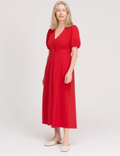 V-Neck Button Through Midi Tea Dress