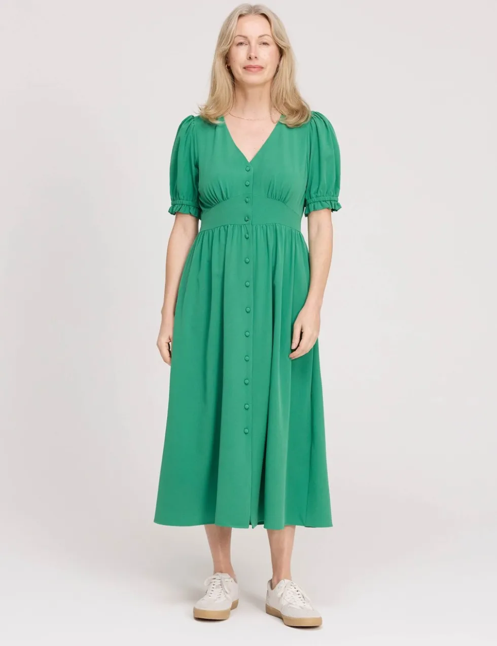 V-Neck Button Through Midi Tea Dress
