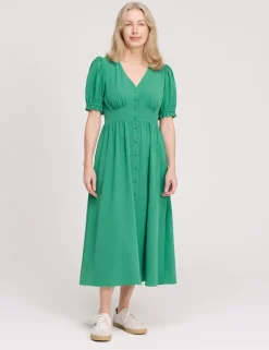 V-Neck Button Through Midi Tea Dress