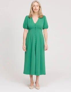 V-Neck Button Through Midi Tea Dress