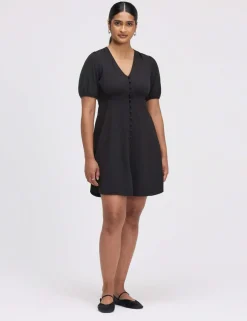 V-Neck Button Through Short Skater Dress