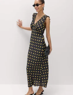 V-Neck Frill Sleeve Midi Tea Dress