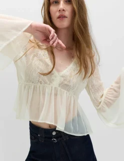 V-Neck Lace Flute Sleeve Top