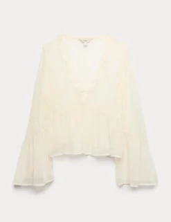 V-Neck Lace Flute Sleeve Top