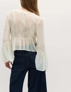 V-Neck Lace Flute Sleeve Top