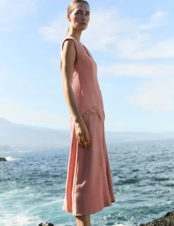 V-Neck Lace Insert Midi Column Dress