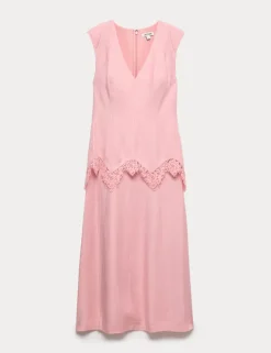 V-Neck Lace Insert Midi Column Dress