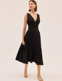 V-Neck Midi Waisted Dress with Linen