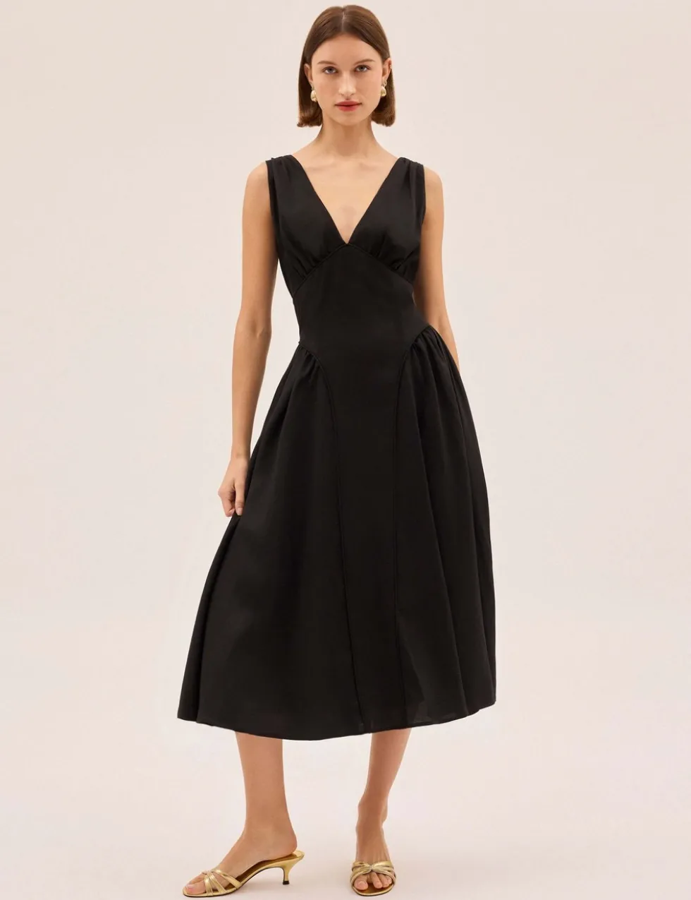 V-Neck Midi Waisted Dress with Linen
