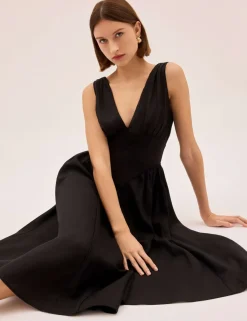 V-Neck Midi Waisted Dress with Linen