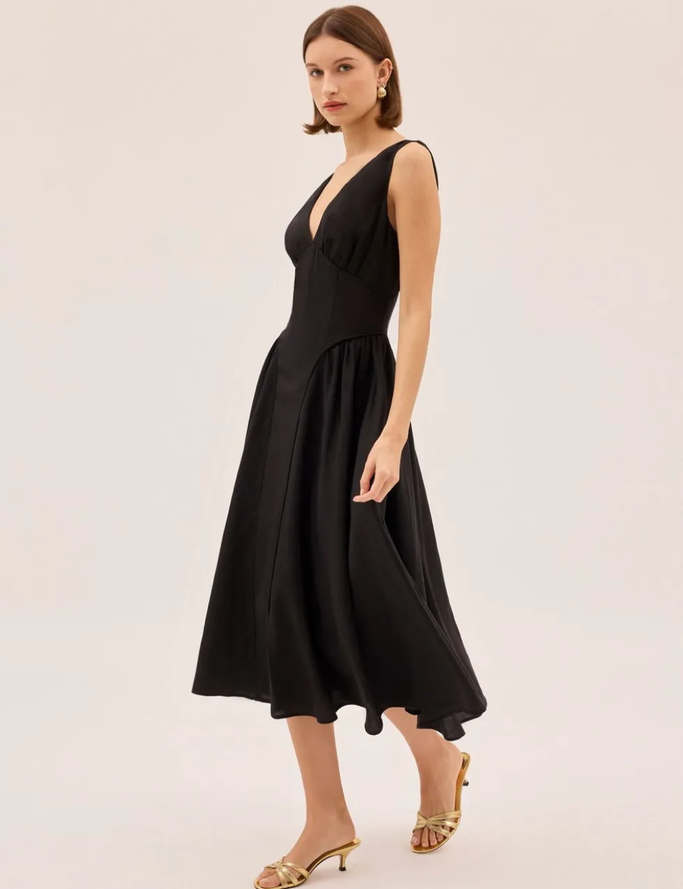 V-Neck Midi Waisted Dress with Linen