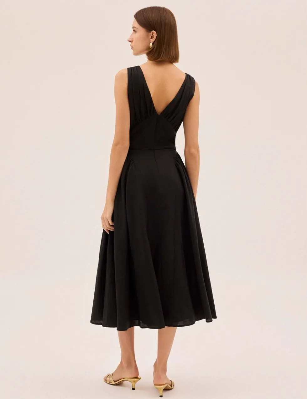 V-Neck Midi Waisted Dress with Linen