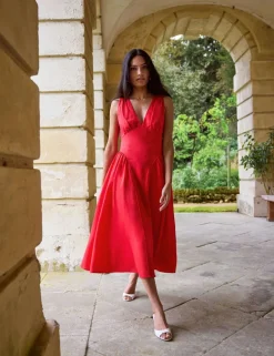 V-Neck Midi Waisted Dress with Linen