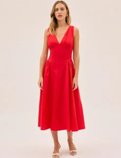 V-Neck Midi Waisted Dress with Linen
