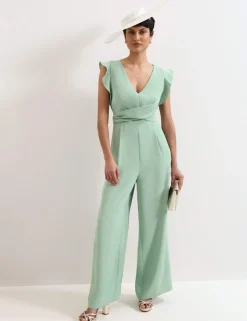 V-Neck Mock Wrap Tie Detail Wide Leg Jumpsuit