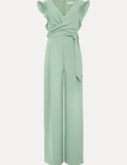 V-Neck Mock Wrap Tie Detail Wide Leg Jumpsuit