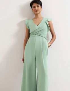 V-Neck Mock Wrap Tie Detail Wide Leg Jumpsuit