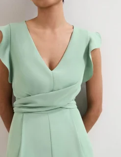V-Neck Mock Wrap Tie Detail Wide Leg Jumpsuit