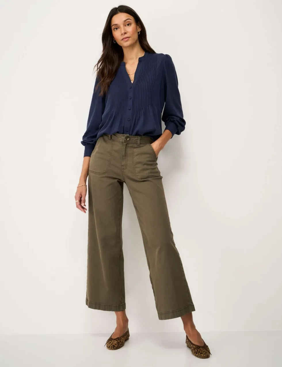 V-Neck Pintuck Blouse with Lyocell