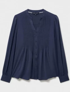 V-Neck Pintuck Blouse with Lyocell
