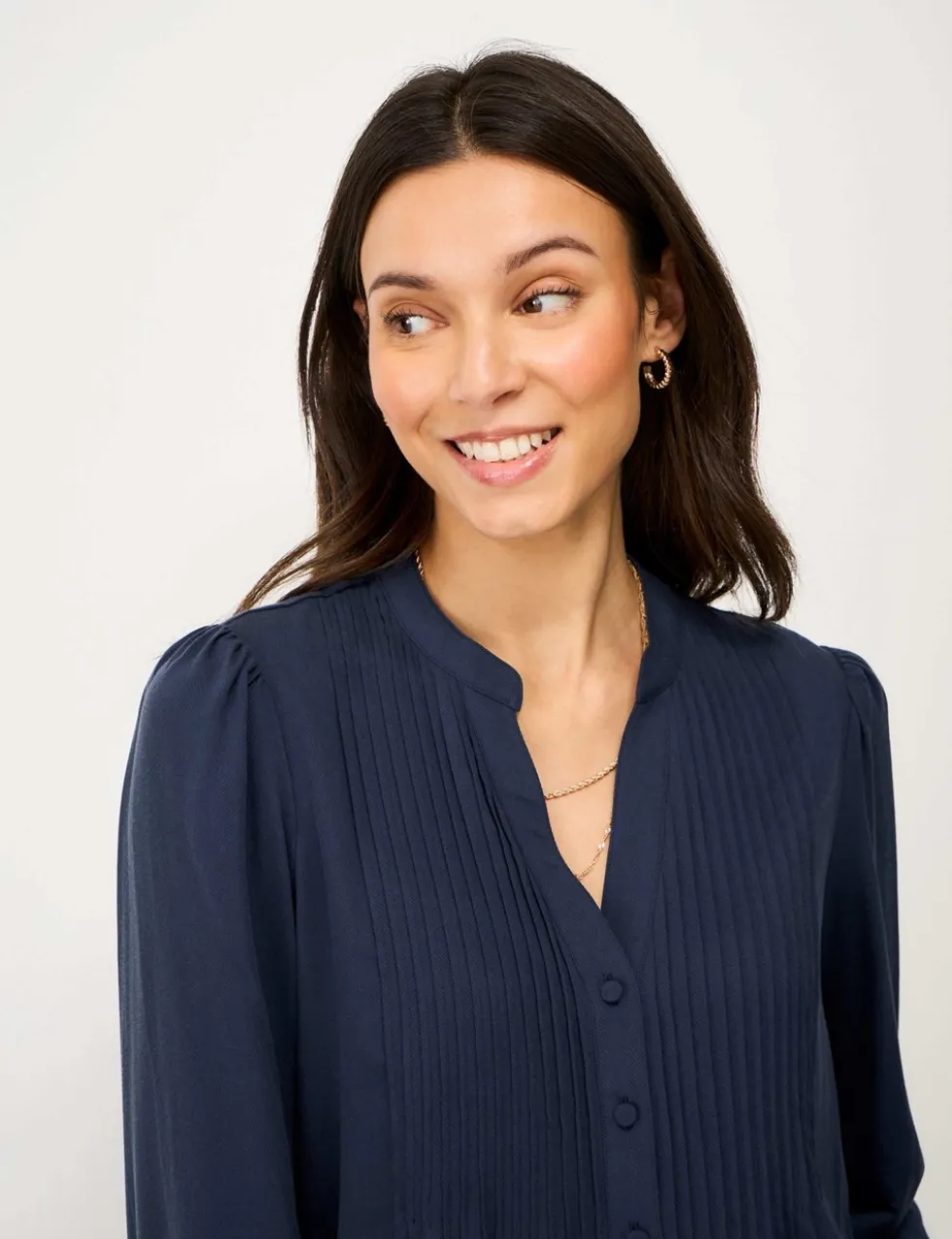 V-Neck Pintuck Blouse with Lyocell