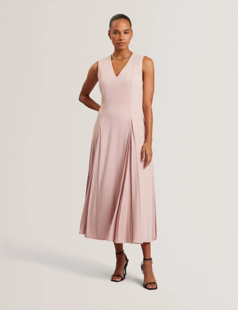 V-Neck Pleat Detail Midi Skater Dress
