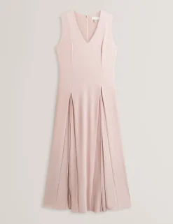 V-Neck Pleat Detail Midi Skater Dress