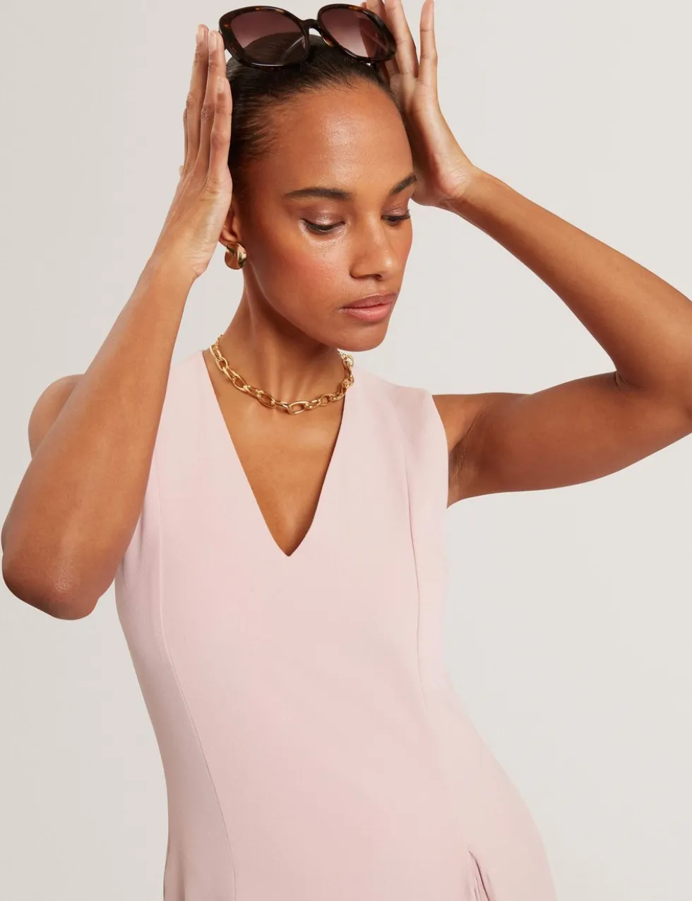 V-Neck Pleat Detail Midi Skater Dress