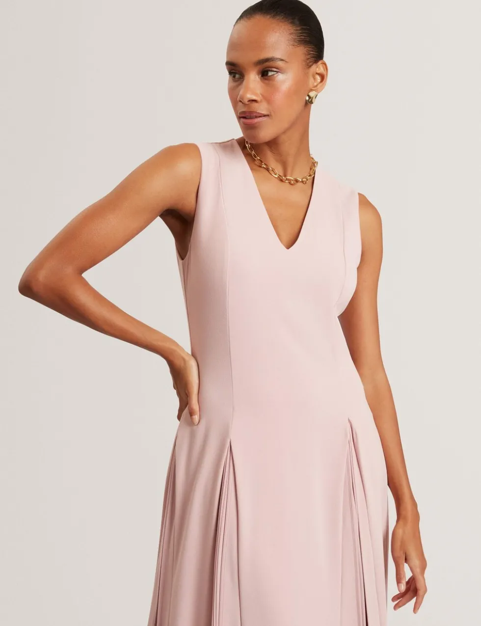 V-Neck Pleat Detail Midi Skater Dress