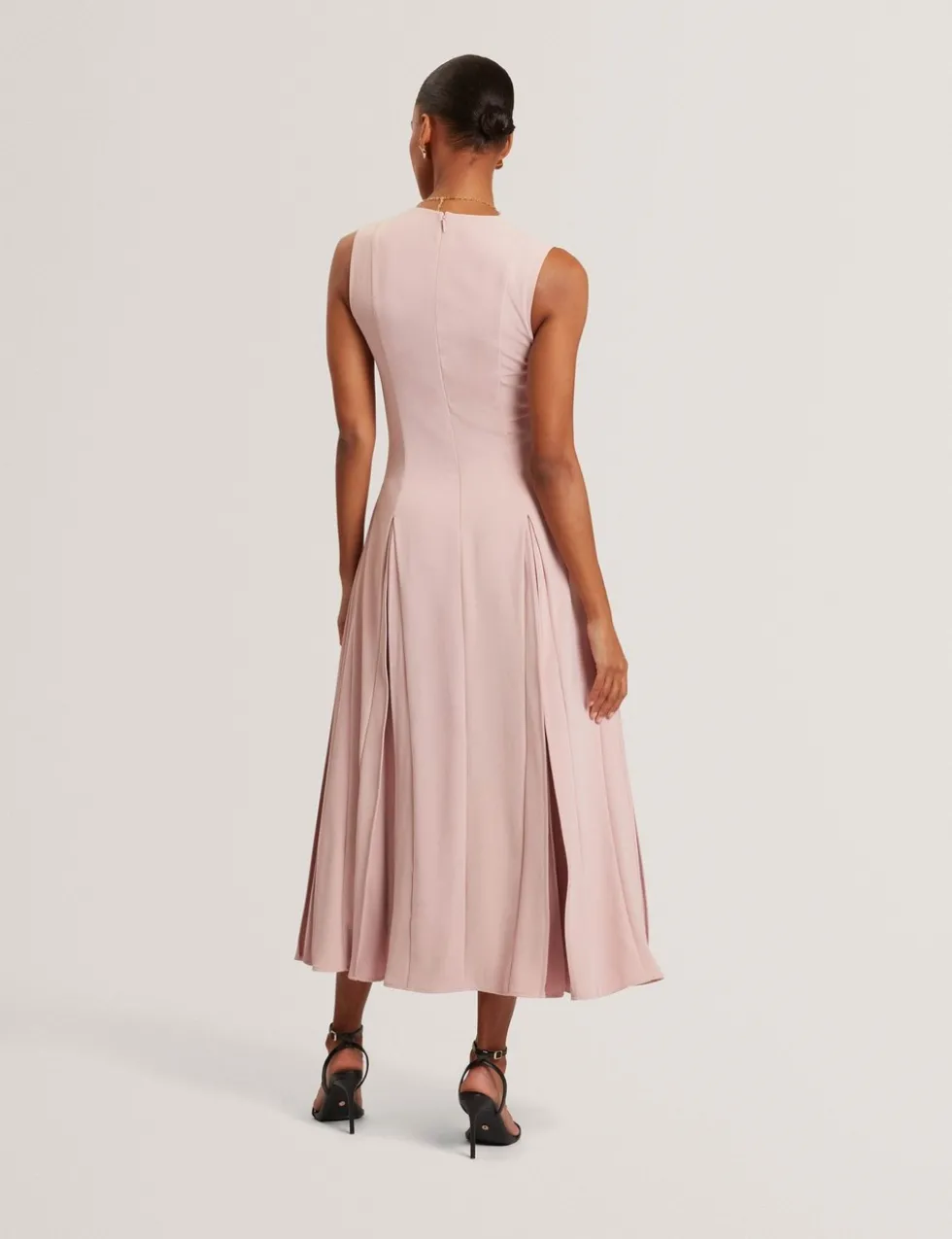 V-Neck Pleat Detail Midi Skater Dress