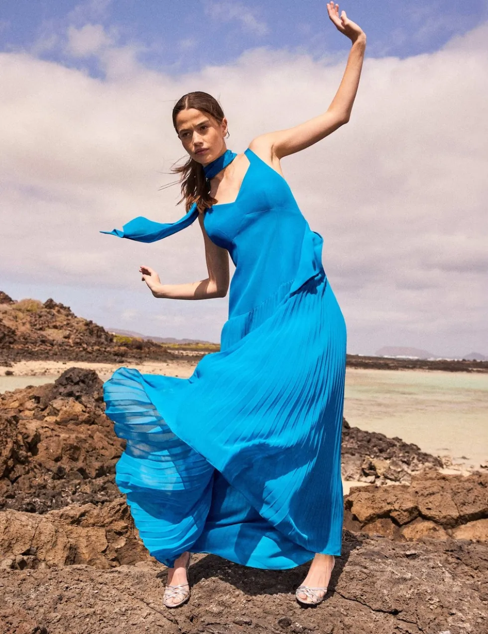 V-Neck Pleated Dropped Waist Maxi Dress