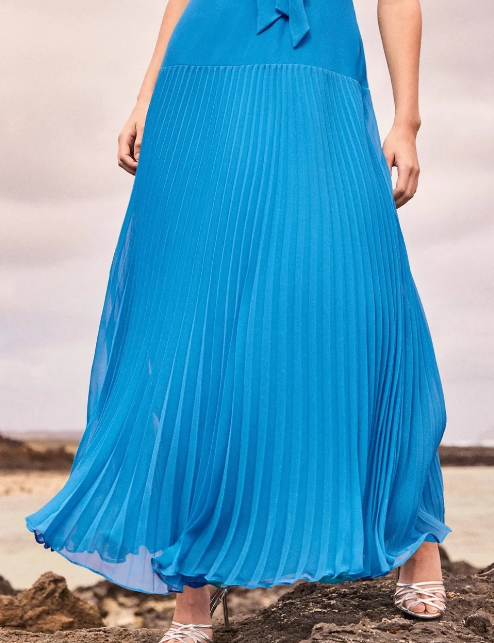 V-Neck Pleated Dropped Waist Maxi Dress