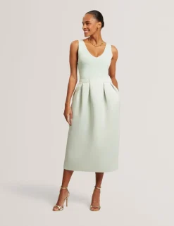 V-Neck Pleated Skirt Midi Dress