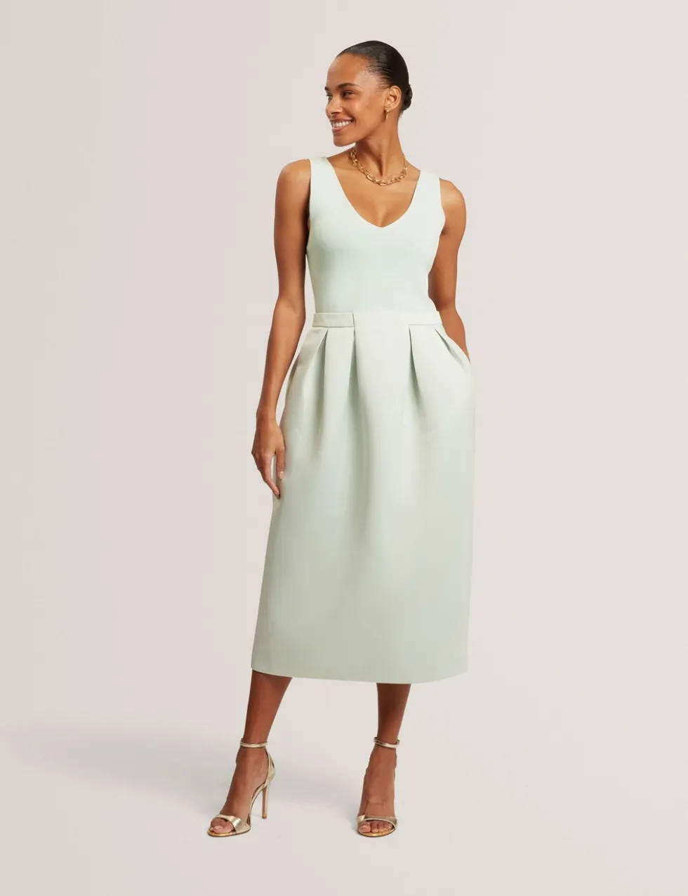 V-Neck Pleated Skirt Midi Dress