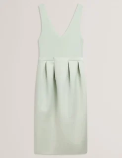 V-Neck Pleated Skirt Midi Dress