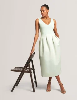V-Neck Pleated Skirt Midi Dress