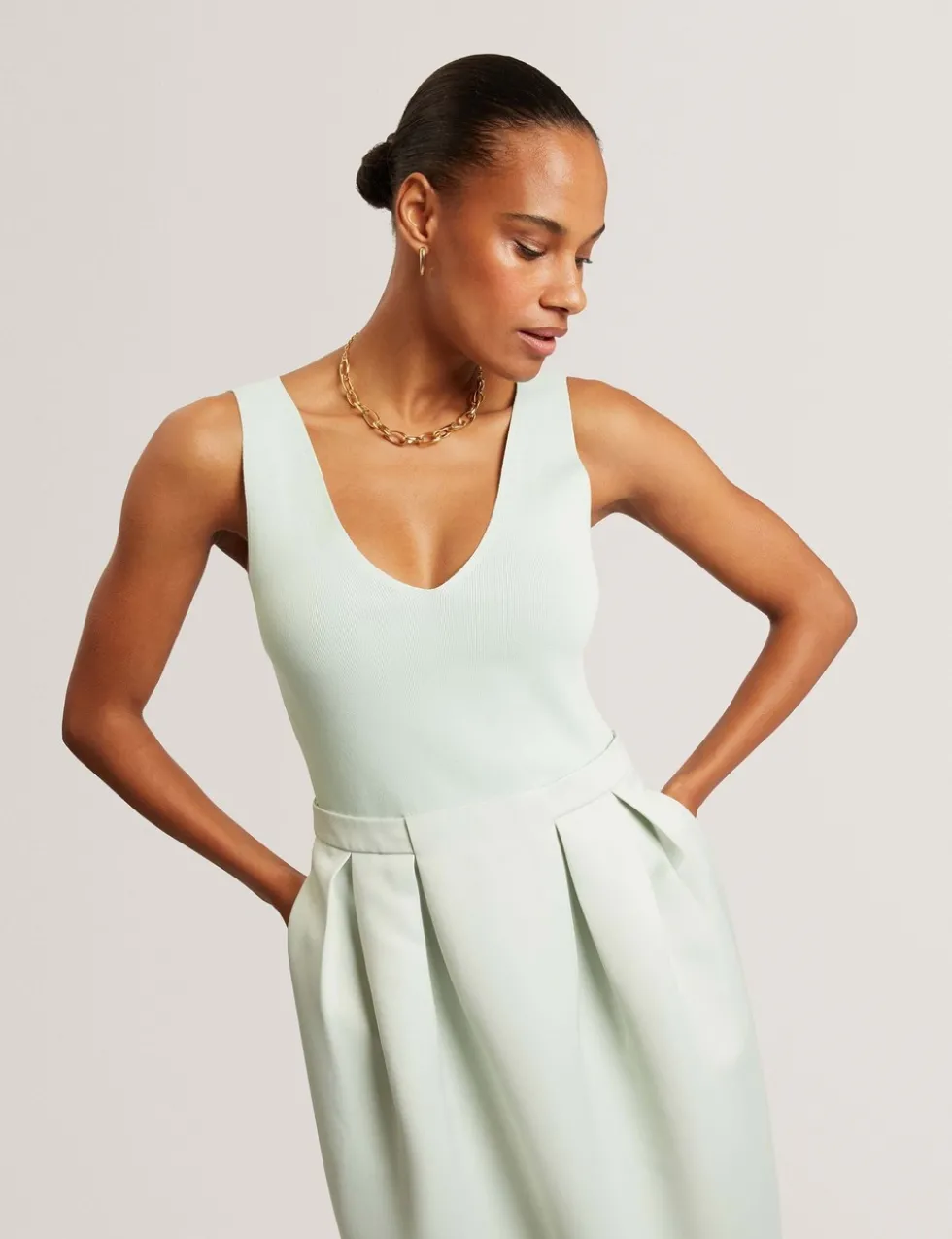 V-Neck Pleated Skirt Midi Dress