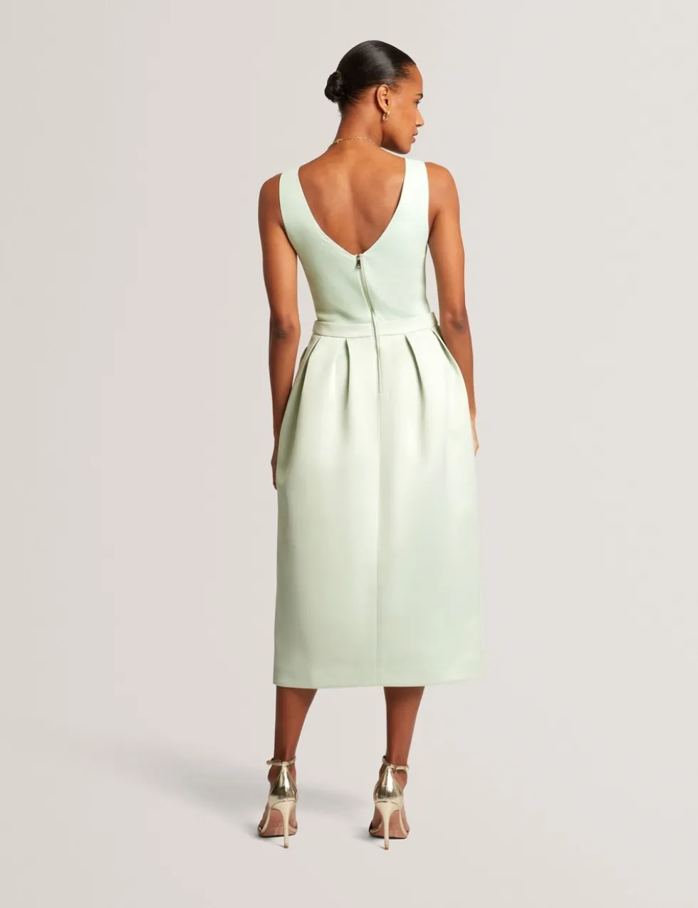 V-Neck Pleated Skirt Midi Dress