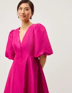 V-Neck Puff Sleeve Midi Skater Dress