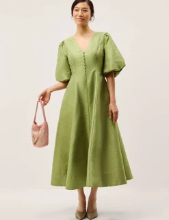 V-Neck Puff Sleeve Midi Skater Dress