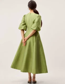 V-Neck Puff Sleeve Midi Skater Dress