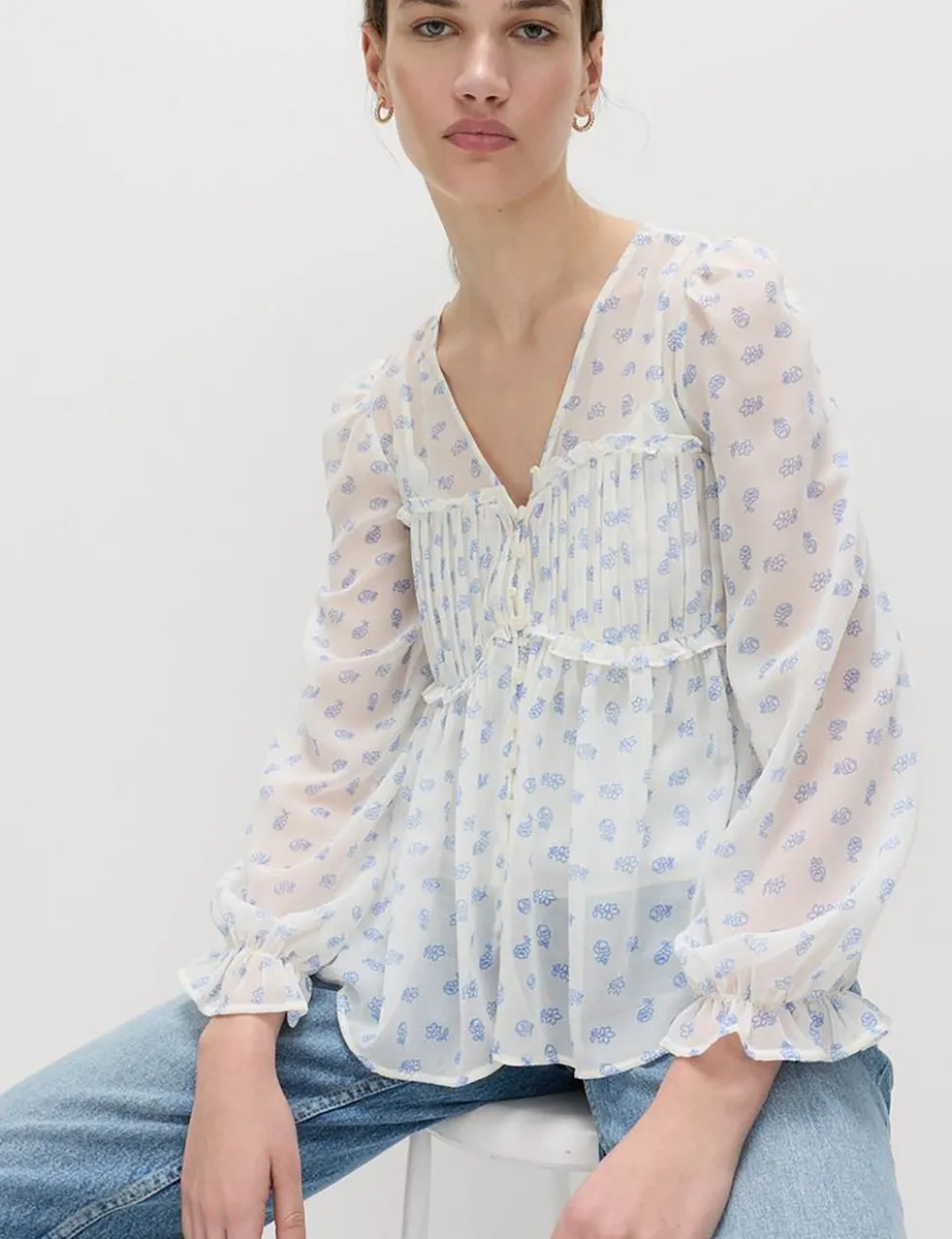 V-Neck Ruffle Detail Long Sleeve Blouse