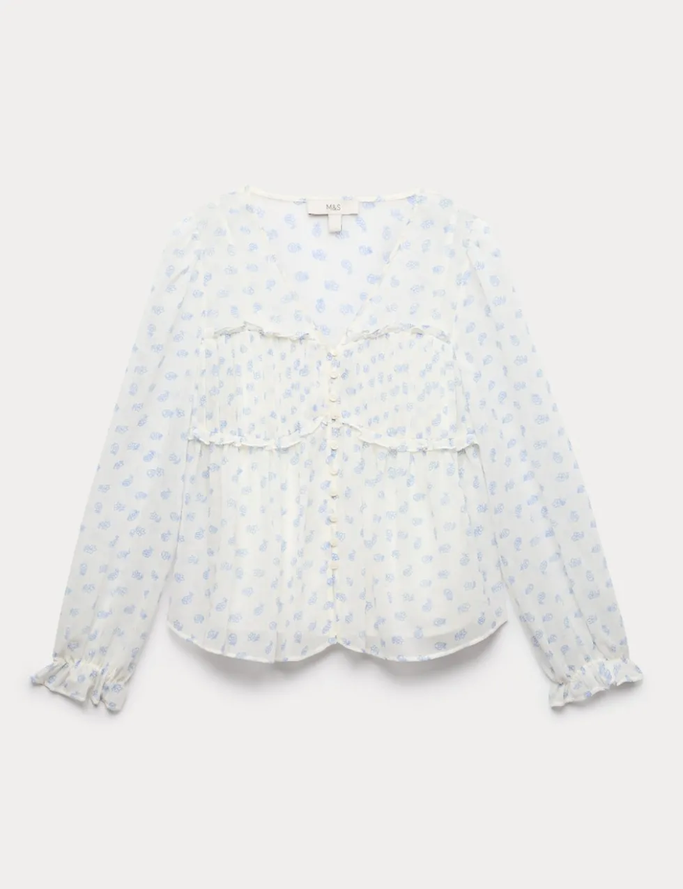 V-Neck Ruffle Detail Long Sleeve Blouse