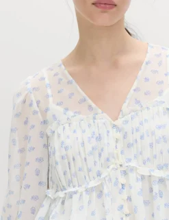 V-Neck Ruffle Detail Long Sleeve Blouse